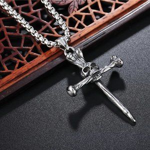❤️Style retro cast skull cross Halloween pendant necklace for men,N90201P…